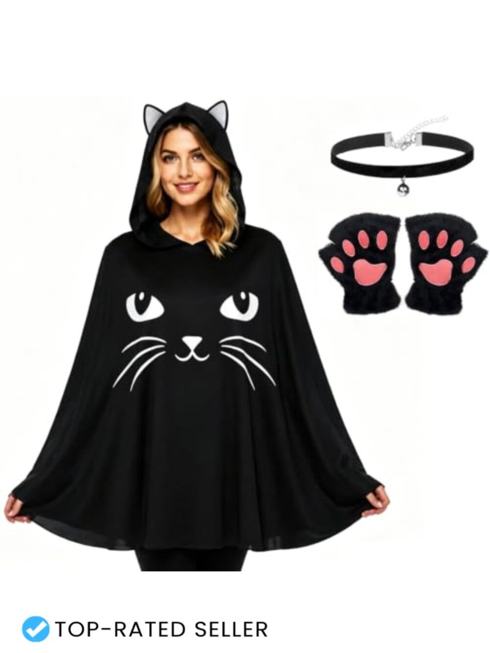 Women's Black Cat Costume Hooded Poncho Bell Collar Paw Gloves Halloween